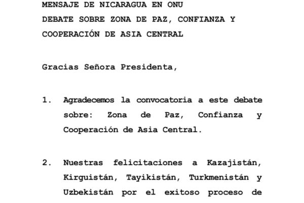 Nicaragua participa en debate sobre el establecimiento de Asia Central como Zona de Paz