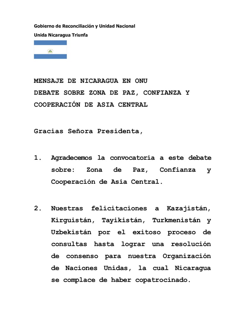 Nicaragua participa en debate sobre el establecimiento de Asia Central como Zona de Paz