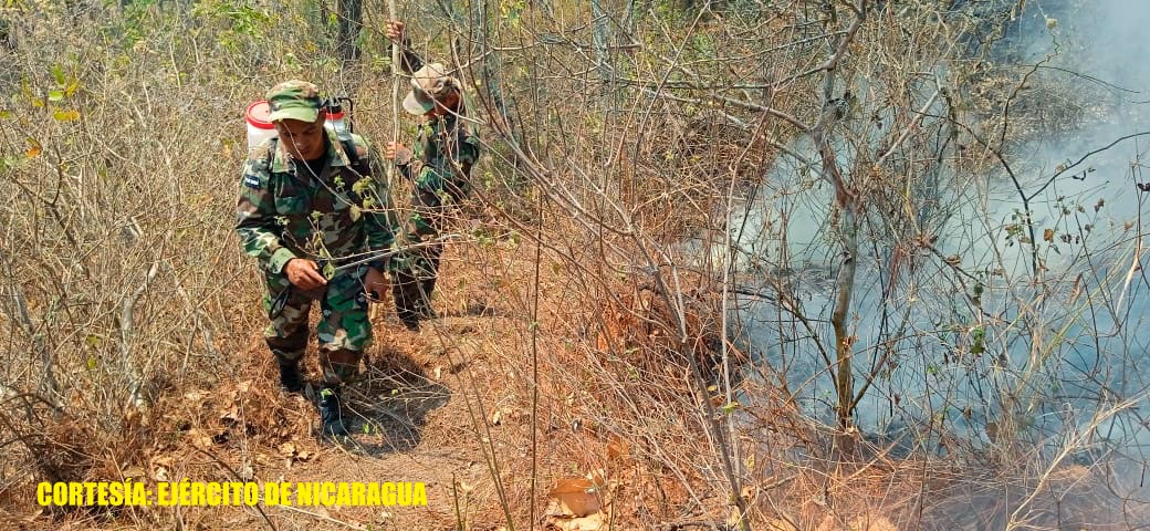 Ejército nicaragüense participa en sofocación de incendio forestal en las comunidades La Pita y El Horno, municipio de Jinotega